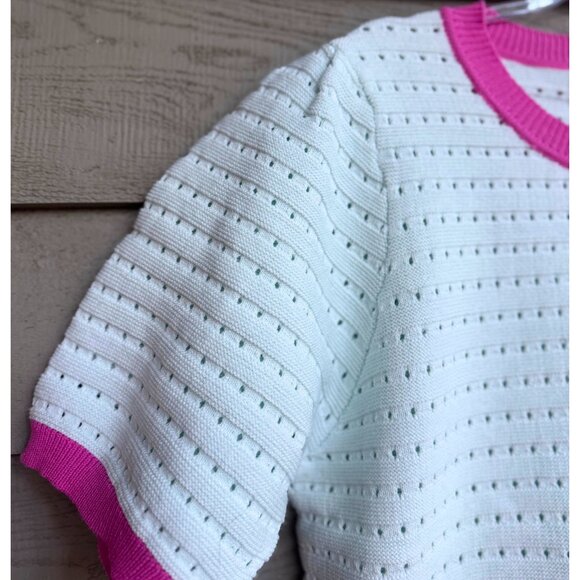 Fate Mint Green Pointelle Knit Short Sleeve Sweater Top with Pink Trim Large - Picture 9 of 10